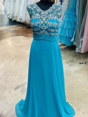 Beaded Teal A-Line Prom Dress with Illusion Neckline